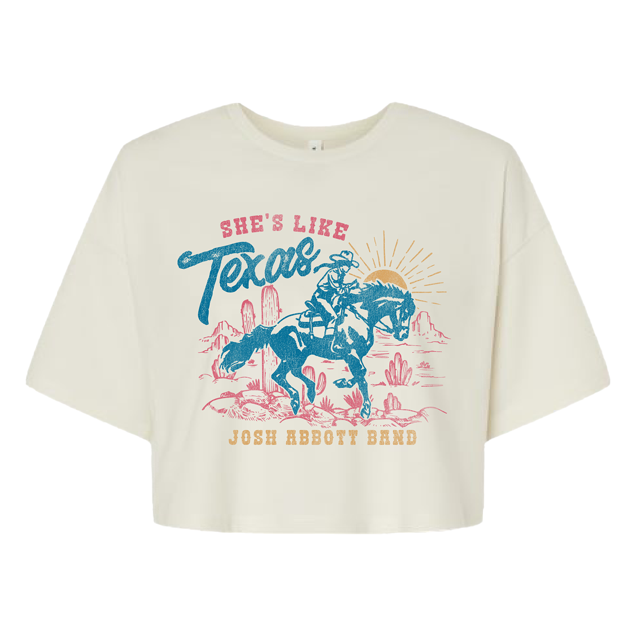 Cropped white t-shirt with a colorful Texas-themed graphic print featuring a cowboy on horseback.