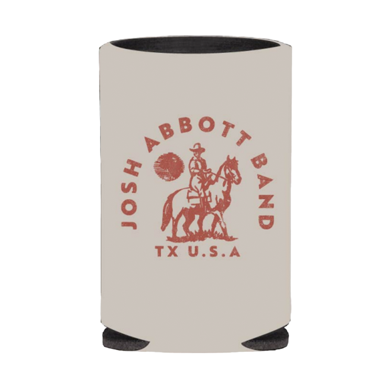 Beige drink koozie with red ’Josh Abbott Band TX U.S.A’ logo featuring a cowboy on horseback.