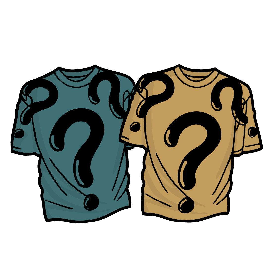 Two t-shirts with question mark designs printed on them, one teal and one yellow.