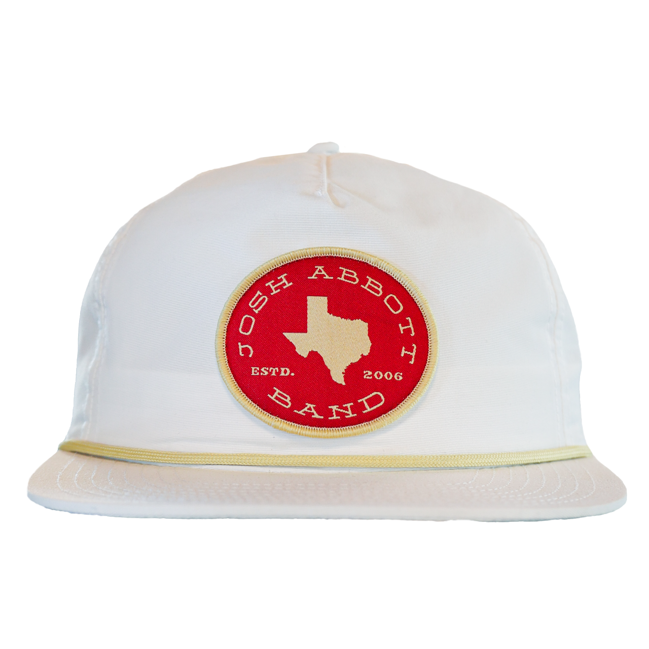 White baseball-style cap with a red circular patch featuring the outline of Texas.