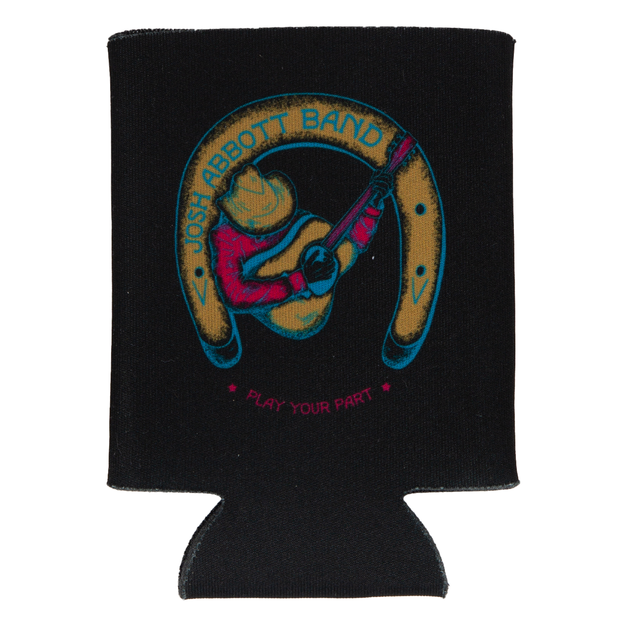 Black beverage cooler sleeve with a colorful circular logo design.