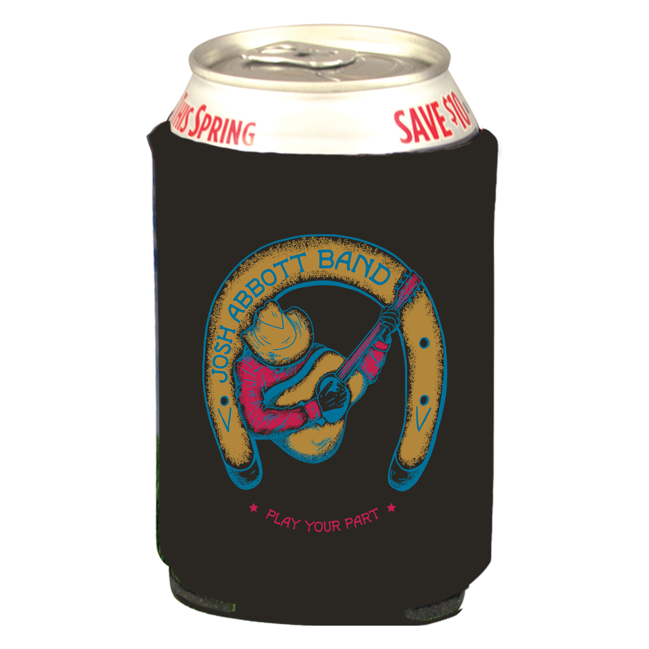 Black can cooler with a colorful horseshoe-shaped band logo design.