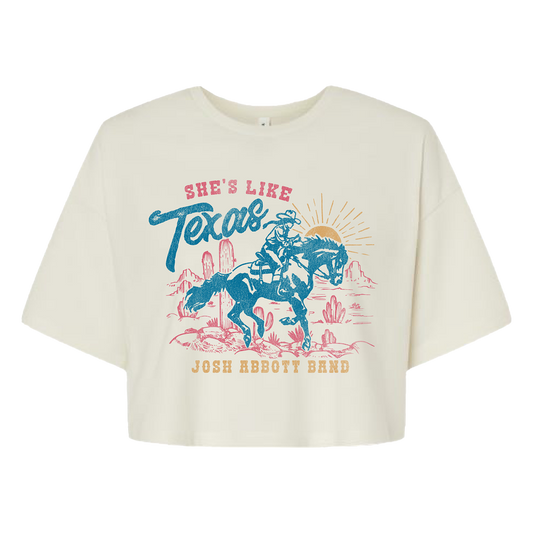 Cropped white t-shirt with a colorful Texas-themed graphic print featuring a cowboy on horseback.