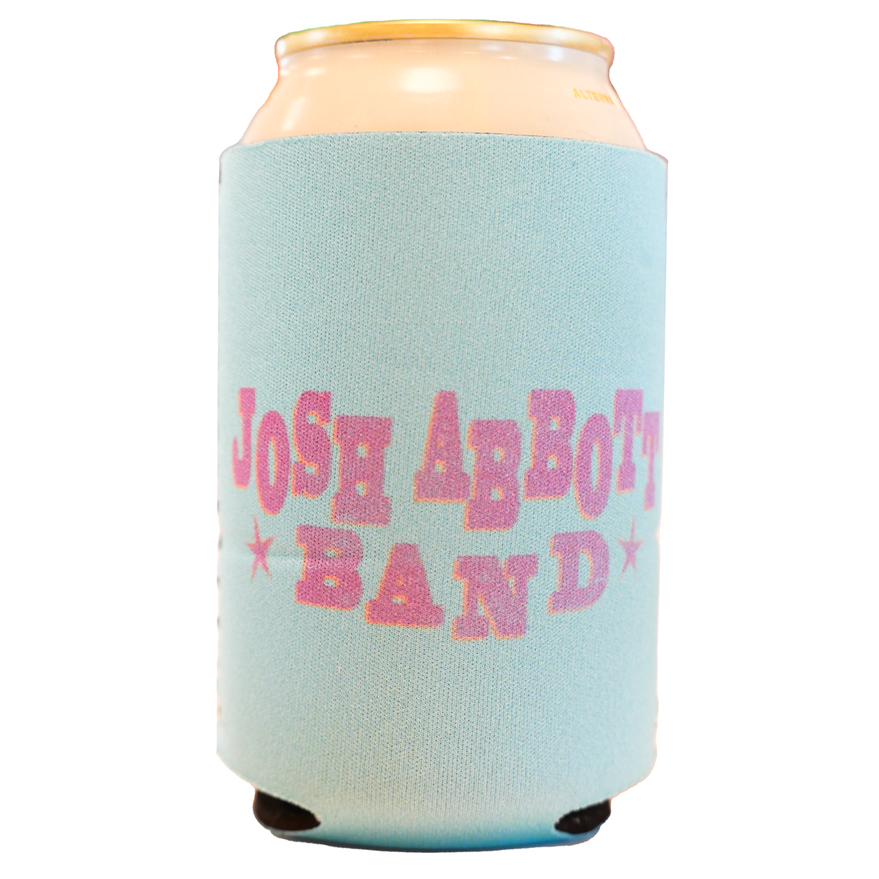 Mint green foam can cooler with pink text reading ’Josh Abbott Band’.