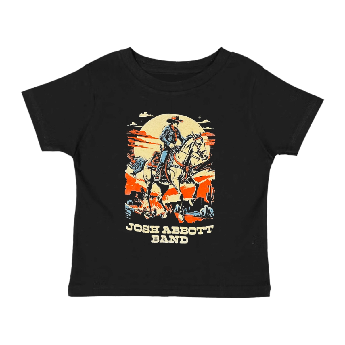 Black t-shirt with a graphic of a cowboy riding a horse and the text 'Josh Abbott Band'.