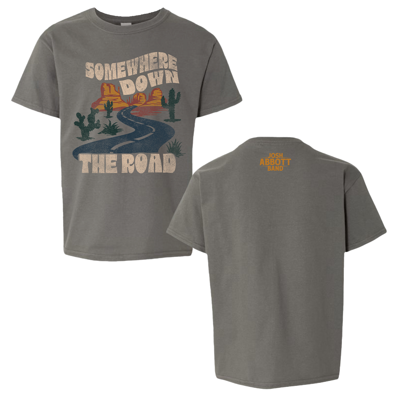 Gray t-shirt with a desert road trip design on the front.