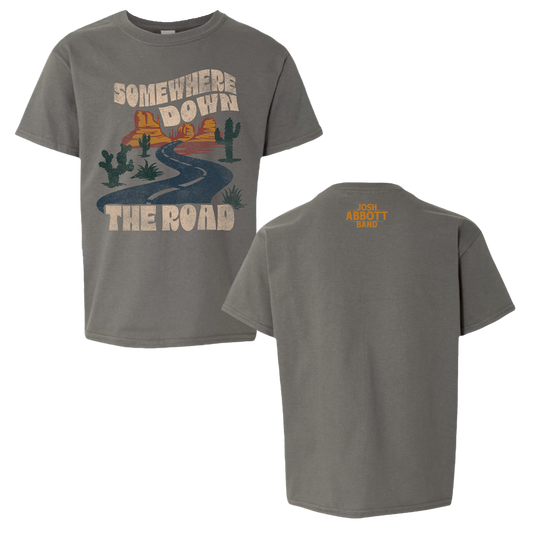 Gray t-shirt with a desert road trip design on the front.