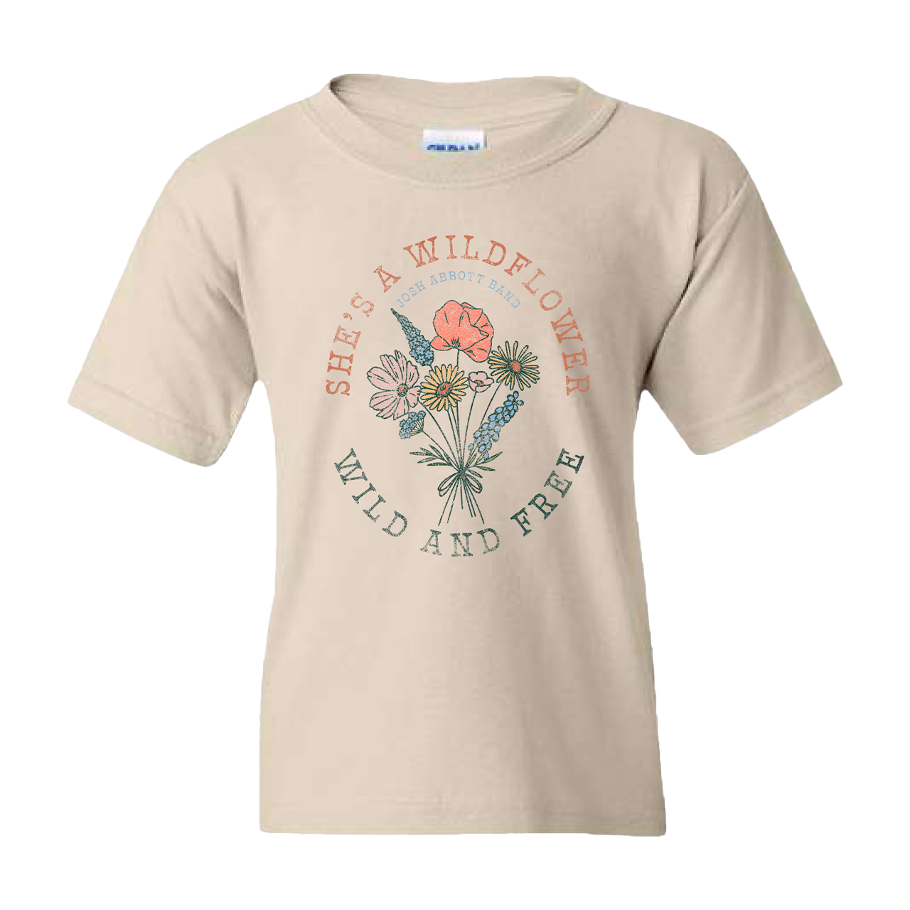 Beige t-shirt with a floral design and text printed on the front.